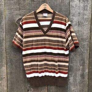 Vintage 70s-80s Striped Velour V-Neck Short Sleeve Men's Shirt, Concorde, XL